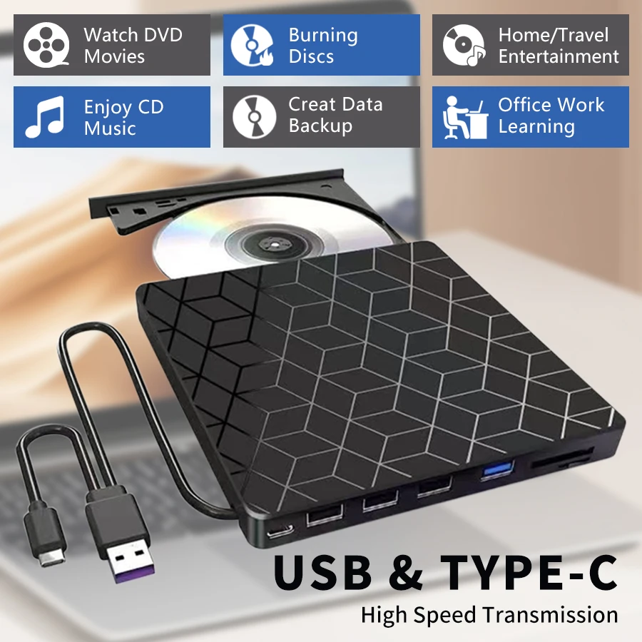 Gravador de dvd externo 7 em 1, usb 3.0/tipo-c, gravador de unidade óptica de dvd, cd/dvd player para laptop, desktop, cd, dvd, leitura, escrita