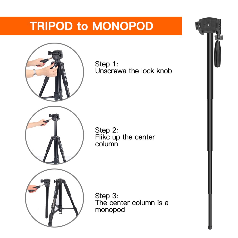 ZOMEI Q222 appareil photo en aluminium trépied statif Flexible trépied photographique monopode support de voyage pour Smartphone appareil photo DSLR projecteur