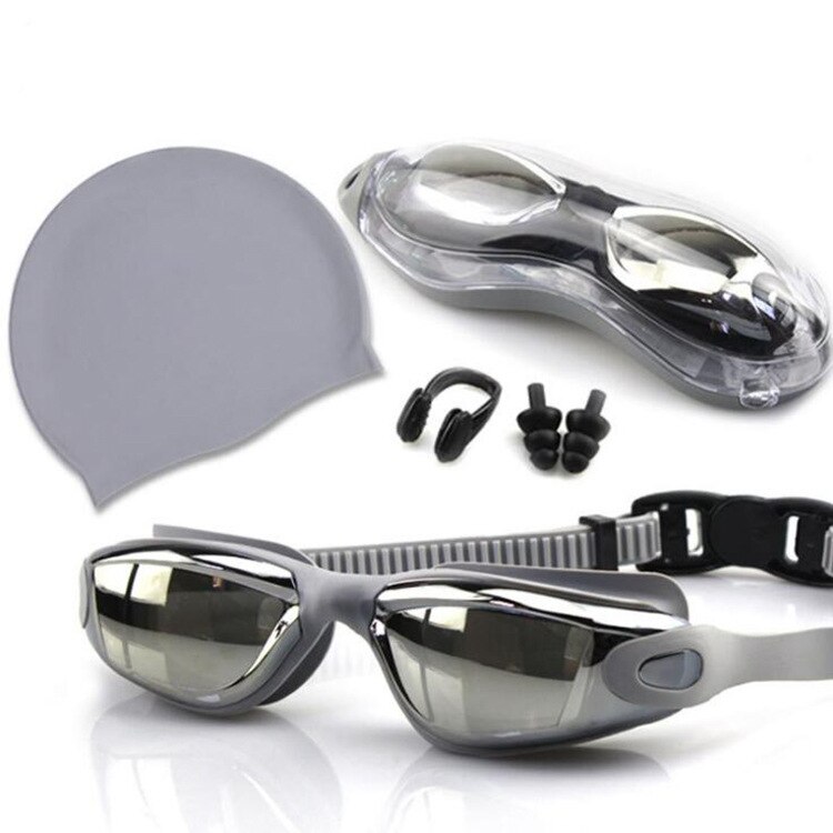 Professionele Zwembril Anti-Fog 100% Uv Verstelbare Bril Zwemmen Goggle Volwassen Badmuts Oordopjes Neus Clip Set Voor mannen: Grey set