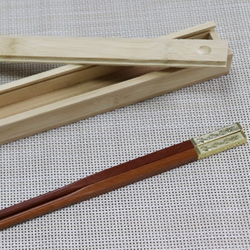 Palillos chinos de madera de bambú de acero inoxidable palillos de metal caja de madera del almacenaje caja de palillos chinos portátil para la venta