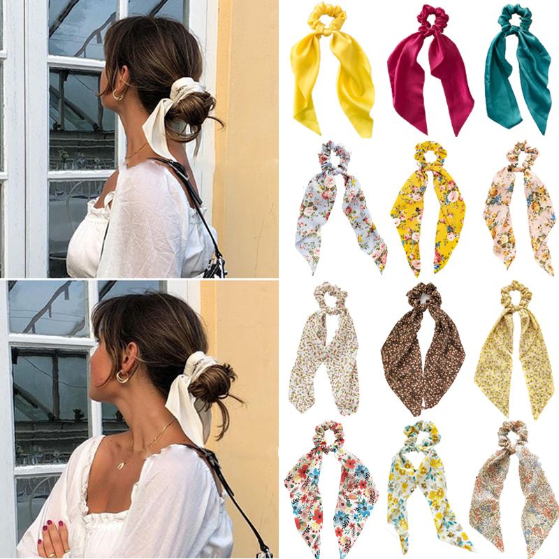 Druck Bogen Satin- Mädchen Elastische Haar Bands Haar Zubehör Lange Band Pferdeschwanz Schal Haar Krawatte Frauen Scrunchies Stirnband