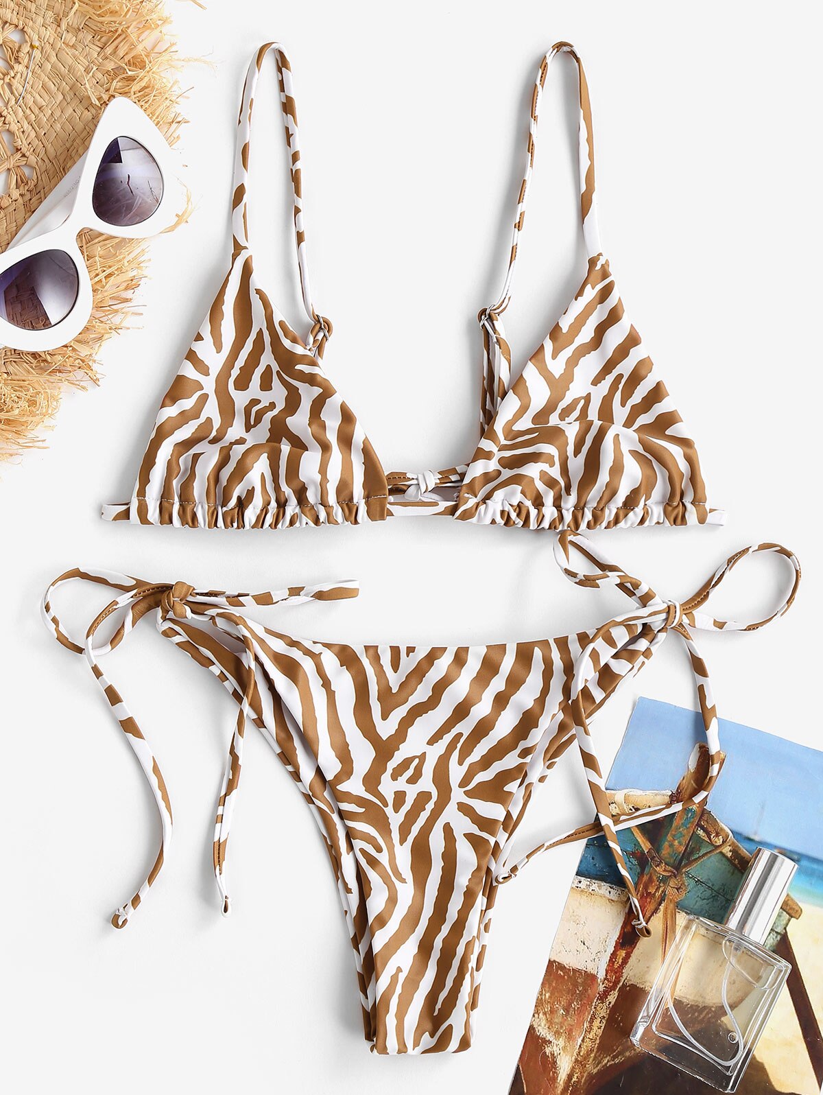 Zaful Snake Print Hoge Been Cami Bikini Badmode Voor Vrouwen Spaghettibandjes String Bikini Sets Lage Waisted Twee Stukken Badpak: Coffee / M