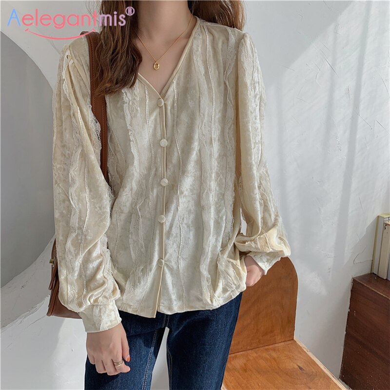 Aelegantmis kobiety czarny biały V szyja koronkowa aksamitna bluzka kobiety elegancki francuski styl kobieta w stylu klasyczny z długim rękawem aksamitne bluzki retro