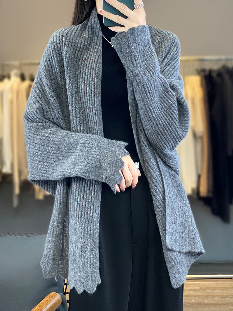 Camisola feminina cardigan xales de caxemira primavera outono 100% lã merino malhas rendas manga longa solta roupas femininas topos novo: CINZA