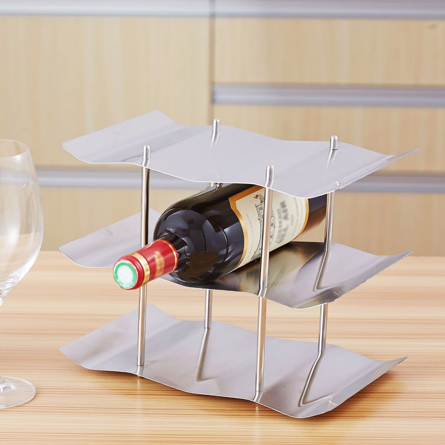 Cremagliera del vino 3 Tiers 9 bottiglie di Cucina In Acciaio Inox Da Tavolo Controsoffitto Freestanding Onda di Vino Cremagliera Mensola di Esposizione del Supporto Del Vino