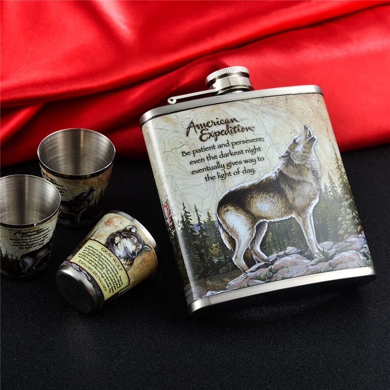 Gennissy wolf og skov mønster mini alkohol flaske 7oz metal bar og udendørs sports dedikeret rustfrit stål hoftekolbe sæt