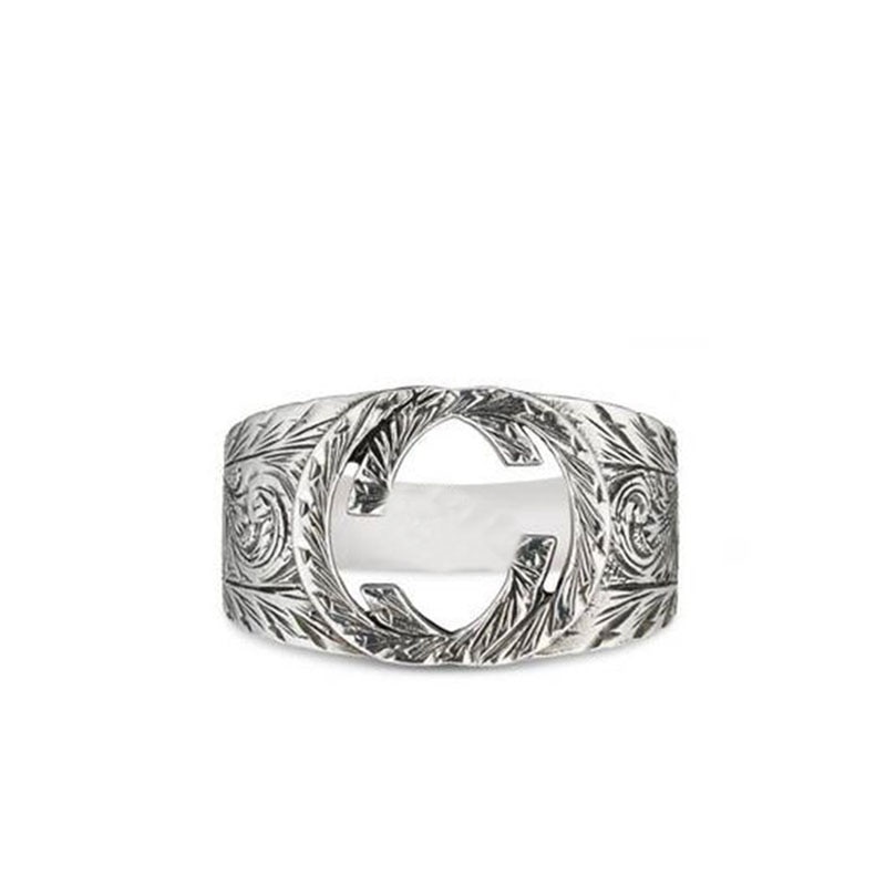 Glamour Original Logo Couple Rings,S925 Pure Silver 1:1 GC Retro Wide Pattern Carved G Ring Classic Laides Men Jewelry