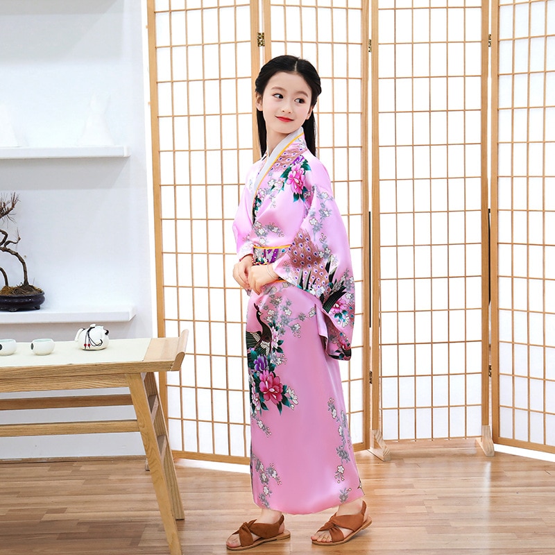 Traditionell kinesisk kimono för barn sidenklänning för barn i ett stycke klänning