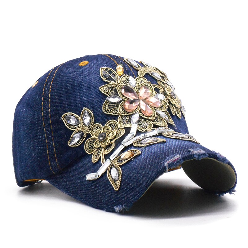 Denim rhinestone kvinders baseball cap vintage luksus blomstermønster gorras kvindelig glas diamant hat
