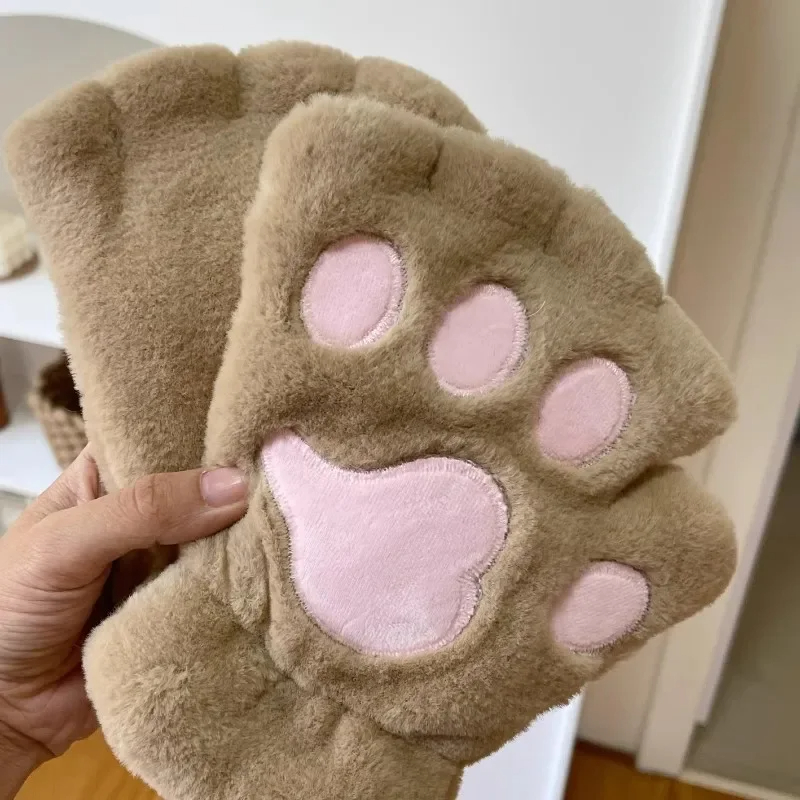 Jolies gants en peluche patte de chat, mitaines en peluche, chaudes et douces, courtes, sans doigts, ours pelucheux, Costume, gants demi-doigt