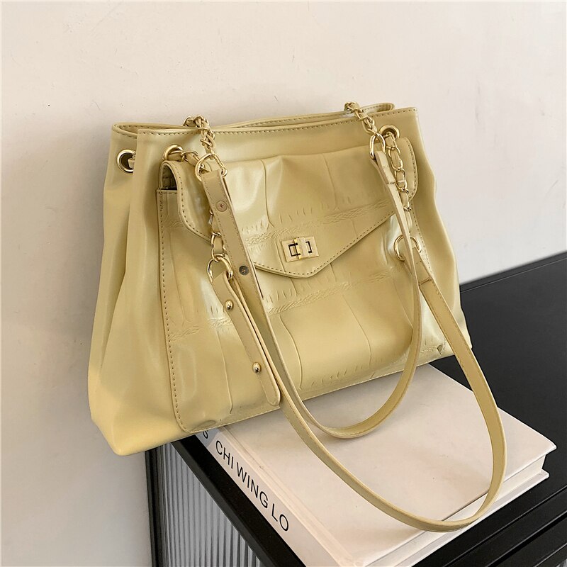 Vrouwen Schoudertas Grote Capaciteit Eenvoudige Handtas Lock Front Flap Vrouwelijke Tas: Lemon yellow