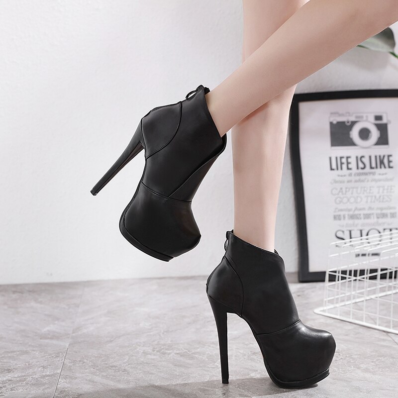 PU Lederen hoge hak Laarzen Winter Vrouwen Enkellaars Mode Rits Platform Dikke Hakken Vrouwelijke Laarzen Schoenen