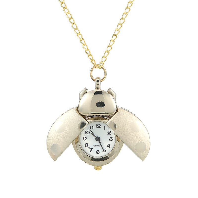 Reloj de bolsillo de mariquita y escarabajo para mujer y niña, cadena de Animal pequeño, collar con colgante de cuarzo Fob, de cumpleaños