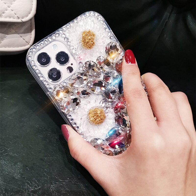 Bling Diamond Daisy Bloem Crystal Case Voor Iphone 12 11 Pro Max Xs Xr X 7 8 Plus 12 Mini case Glitter Strass Zachte Tpu Cover