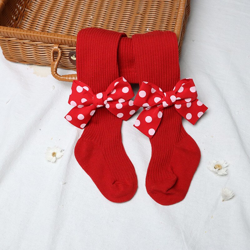 Infantil meias de natal com nervuras meias meninas estiramento meados de rise collants com arcos (vermelho) roupas de bebê inverno: 04 / 70-80cm