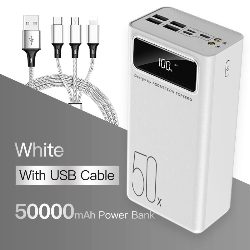 Banco de energía de gran capacidad de 50000mAh 2.1A, pantalla LED de carga rápida, Banco de energía de 4 cargador de batería externo USB para tableta de teléfono: White with cable
