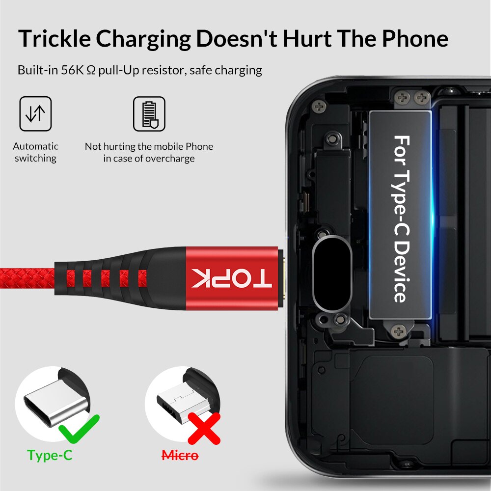 TOPK AN42 3A Charge rapide 3.0 câble USB Type C pour Xiaom Redmi Note 7 câble de Charge rapide type-c pour Samsung S9 S10 Plus USB C
