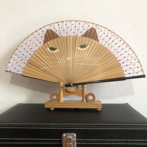 Cats Folding Fan Tassel Dancing Folding Hand Fan Craft Original Wooden Hand Flower Bamboo Fan for Home Decor Fiestas: Apricot