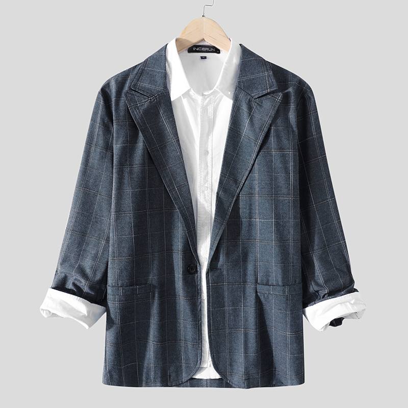 INCERUN Men Plaid Blazers Long Sleeve Turn Down Collar Streetwear Men Casual Suit Leisure Business Jackets Pockets Blazer: Dark Blue / XXXL