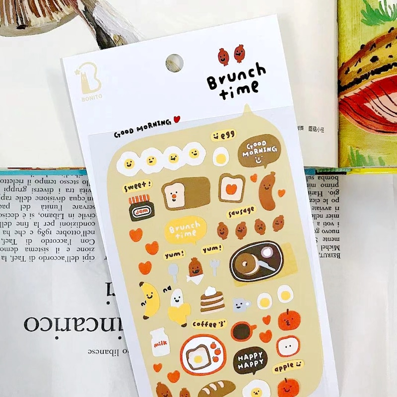 Brunch tid söta koreanska klistermärken scrapbooking tillbehör journalföring collage material bröd baka telefon dagbok dekoration