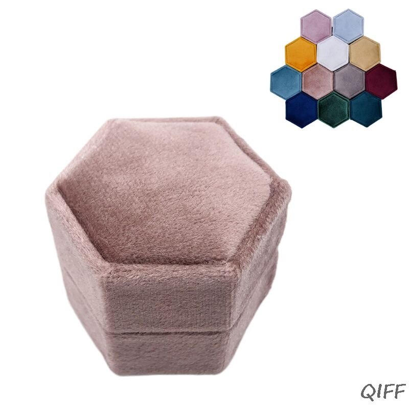 Velvet Double Ring Box Hexagon Wedding Ceremony Ring Box for proposal, engagement, wedding with Detachable Lid: K