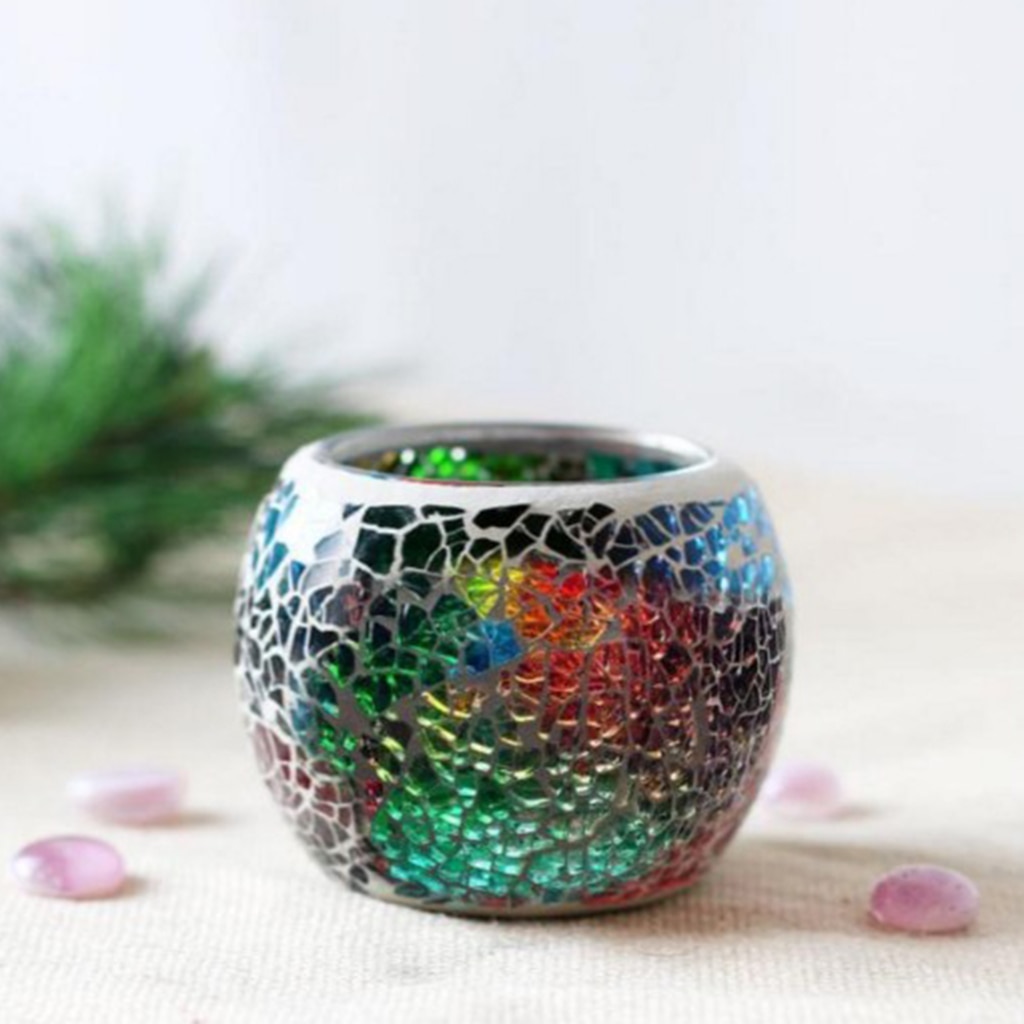 Candelabro de vidrio manchado de mosaico hecho a mano, taza de luz de té, maceta de flores de planta pequeña