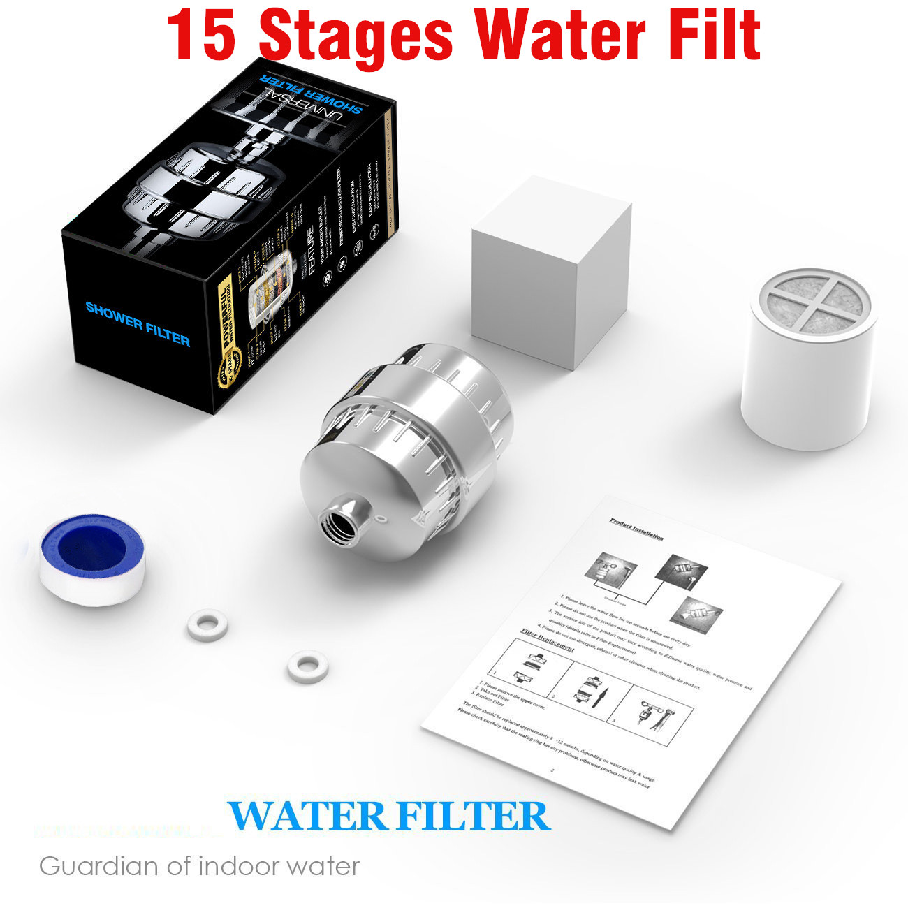 15-traps douchewaterfilter, keukenkraanfiltratie, verwijder chloor zware metalen gefilterde douchekop verzacht voor hard water: WHITE