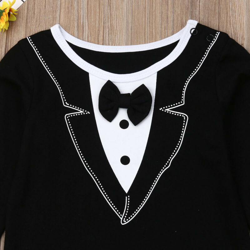 Newborn Baby Boy Christening Tuxedo Formal Romper Jumpsuit Long Sleeve Cotton Tie Jumpsuit Suit Clothes Baby Boy Clothing