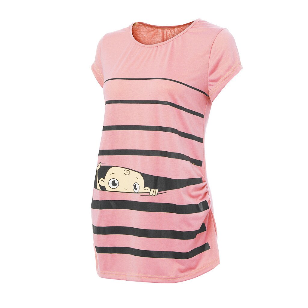 Mutterschaft T-Shirt Nette Lustige Baby Druck Gestreift Kurzarm T-Shirt Schwangere Spitzen Mutterschaft Oansatz Frauen Bluse Pflege oben