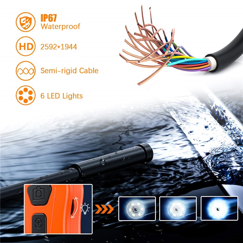 Oiiwak 5.0MP 1944P WiFi Borescope with Semi-Rigid Cable Wireless Camera 6X Zoomable Endoscope Inspection Camera for iOS Android
