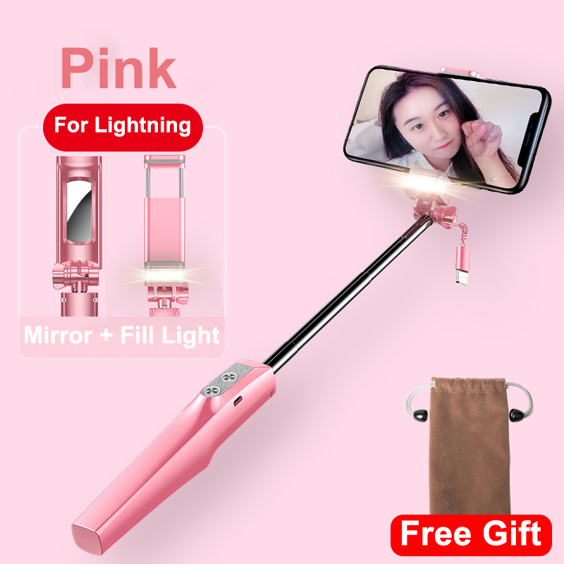 Baseus Wired Selfie Stick Voor Iphone Met Beauty-Huid Vullen Licht Achteruitkijkspiegel Uitschuifbare Zelf Stok 3.5 Mm Jack voor Samsung Huawei: Pink For lighting