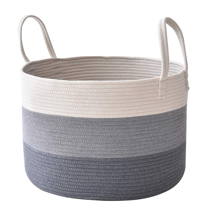 Bomuldsreb kurv 50 x 33cm vasketøjskurv til tæpper legetøj tæppe opbevaringskurv dekorative puder med langt håndtag