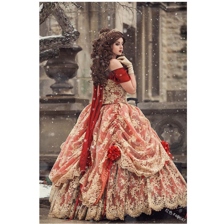 Medieval Retro Gothiced Court V-neck Dress Royal Lady Ball Dress Square Neck Tight Waist Bowknot Women Costume