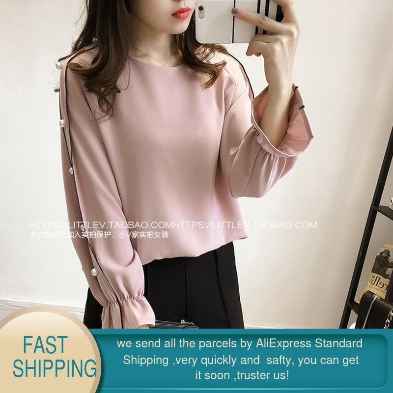 Women Blouses Chiffon O Neck Blouse Office Female Tops Long Sleeve Korea Pearl Women's Shirt Blusas Plus Size