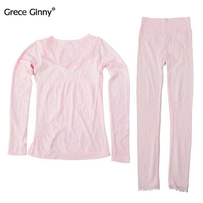 Høst og vinter dame frotté sett blondere side v-hals slank tynn termisk undertøy høst klær: Gouache