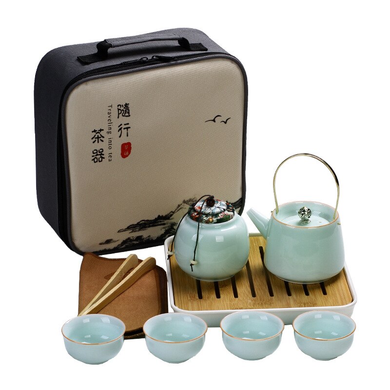 Chinese Travel Kung Fu Tea Set Ceramic Celadon Teapot Porcelain Teaset Gaiwan Tea Cups of Tea Ceremony Tea Pot With Travel Bag