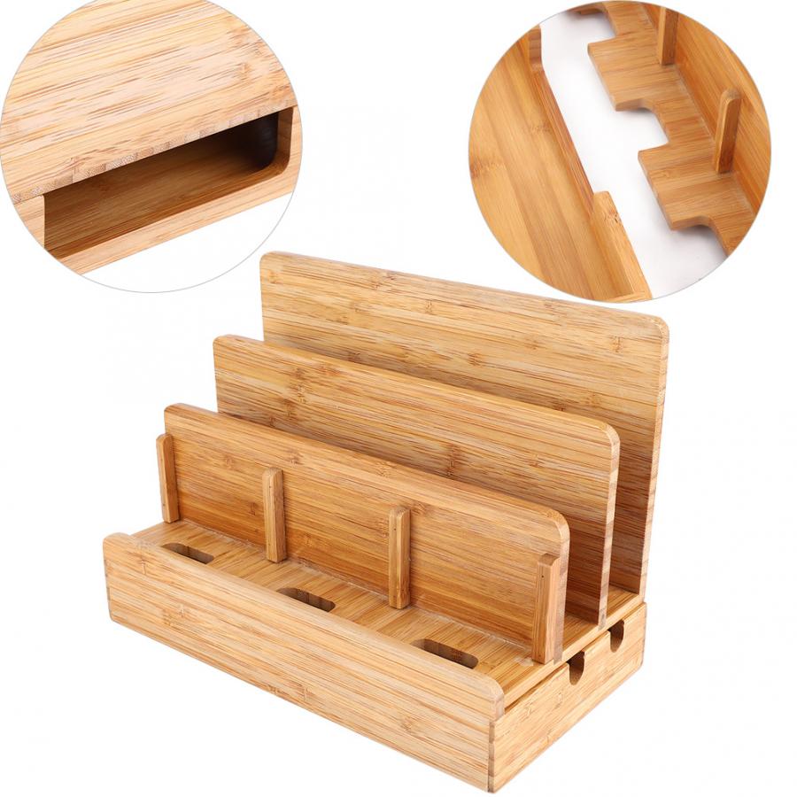 Bamboo Multi-device Stand Holder Charging Station Phone Tablet Desktop Organizer Tablet Wall Phone Holder Charging Holder Stand