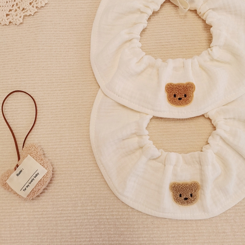 D7YD Cartoon Bear Lace up Burp Cloth Baby Feeding Bib Bandana Scarf Handkerchief 4 Layers Soft Cotton Gauze Saliva Towel