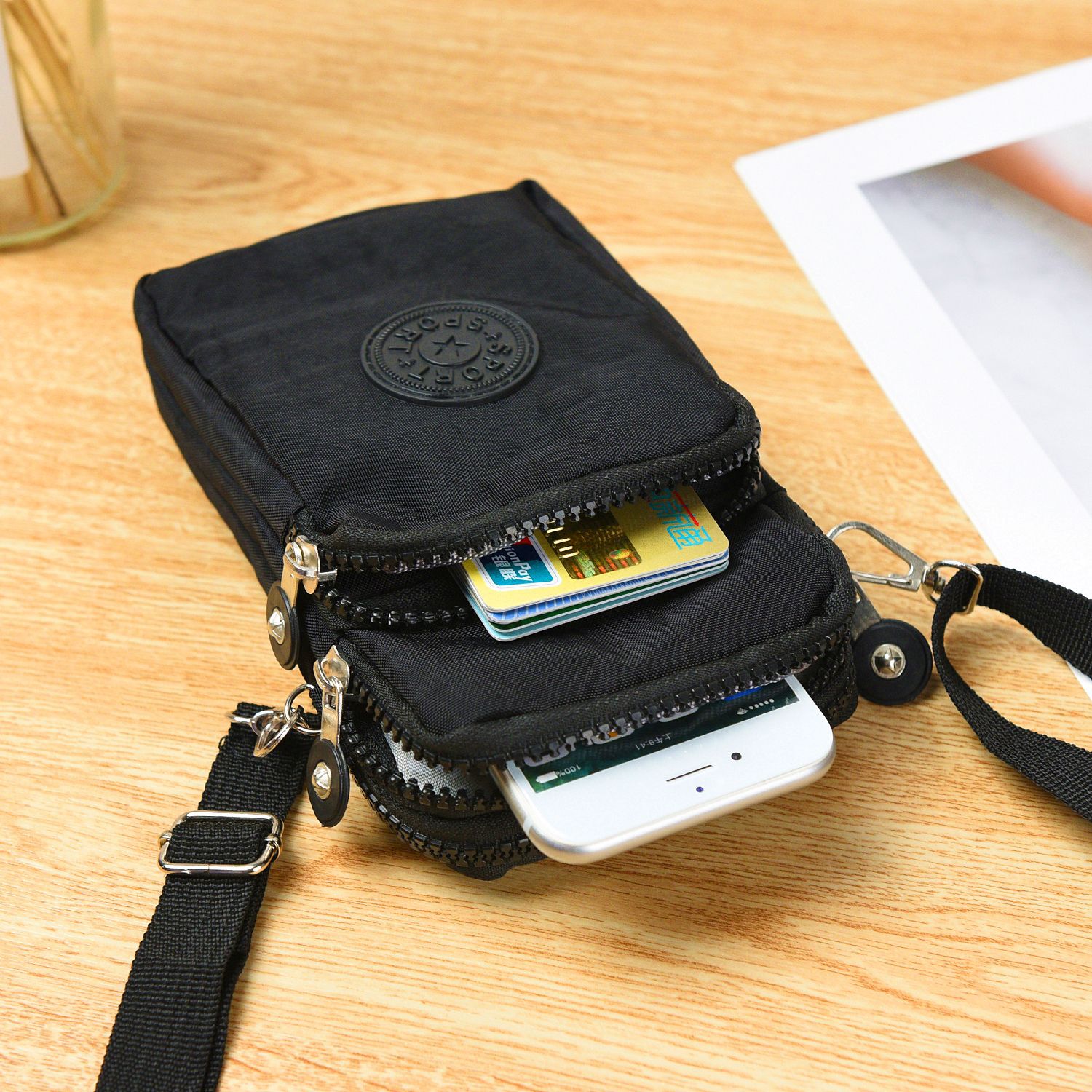 Three-layer Canvas Crossbody Bag Coin Purses Womens Key Card Phone Bag Short Wallet Zipper Purse Card Holder For Women