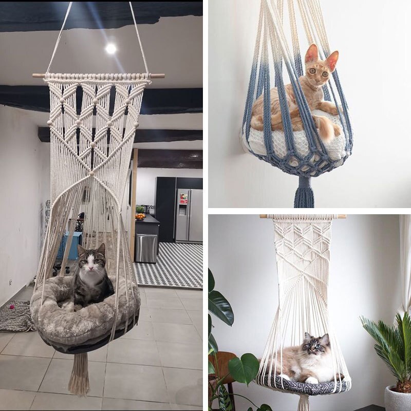 Macramé kattenschommelbed kooi hangend kattenbed huis kwast katten speelgoed handgeweven hangmand wandtapijt katoenen touw huisdier kat hangmat
