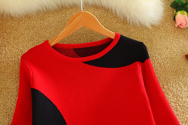 Spring Fall Women Knit Skirt Suits Geometric Pattern Women Sweater Top and One Step Knited Skirt Sets Red LY591