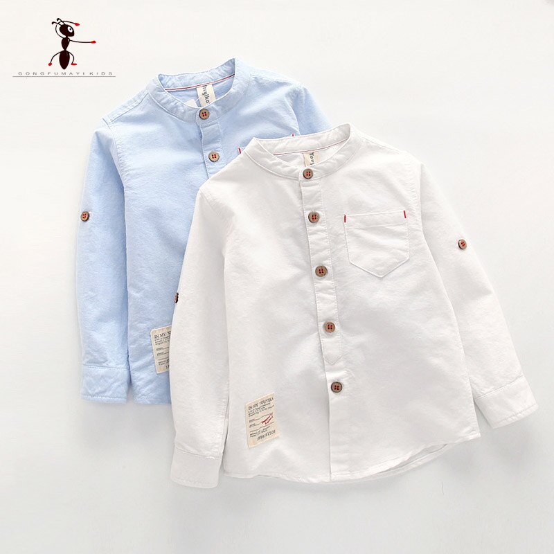 Kung Fu Ameise Frühling lässig Jungen Hemden Oxford Textil Baumwolle Weiß Hemden Taschen Oansatz Feste Baby freundlicher Kleidung 1825