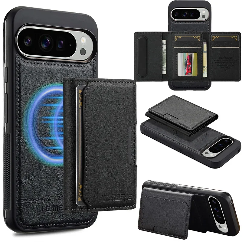 MagSafe Magnetic Flip Leather Phone Case for Google Pixel 9 Pro XL 8 7 8A 7A Detachable Wallet Card Pocket Back Cover Cpque Etui: black / For Google Pixel 9 Pro