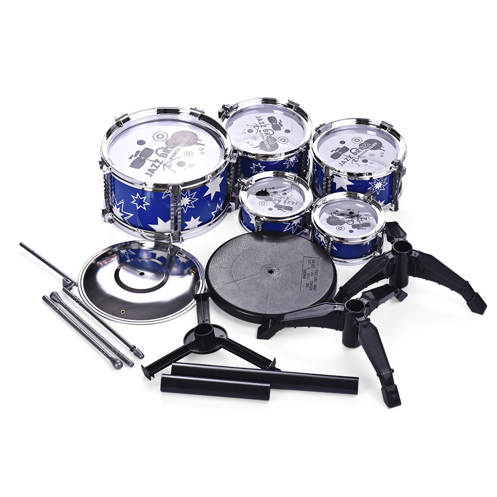 Barn jazz trommesett kit musikalsk pedagogisk instrument leketøy 5 trommer  + 1 cymbal med liten krakk trommel pinner slagverk instrument: Blå