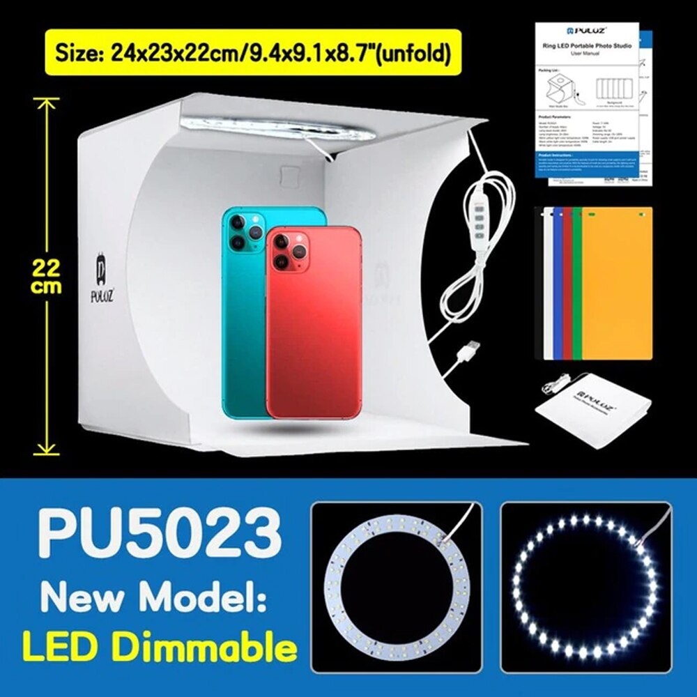 Puluz – Mini boîte à lumière LED pour Studio Photo, éclairage annulaire, Kit de tente pour prise de vue, arrière-plan de photographie, 6 couleurs Studio de photographie Lightbox 6 décors de couleur Softbox Photo Studio: 20cm Ring LED