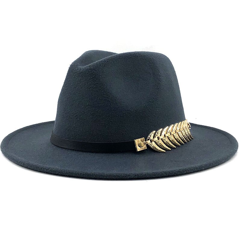 Female Jazz Hat Fashionable Metal Leaf Jazz Hat Woolen Winter Fedora Hat for Women: Dark Grey