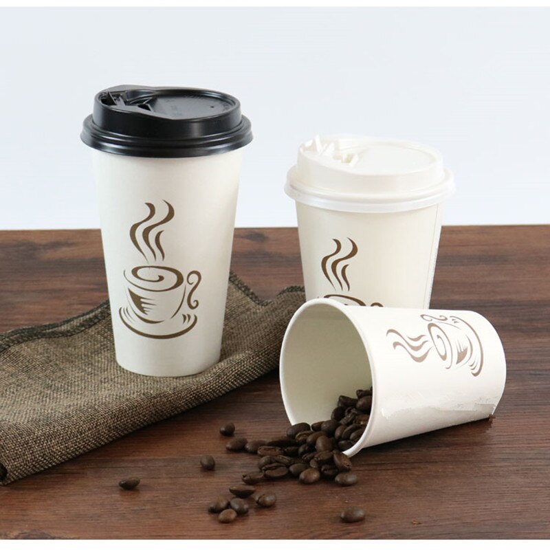 50pcs white disposable coffee cup takeaway package 8oz 12oz 16oz cold drink tea paper cup with lid