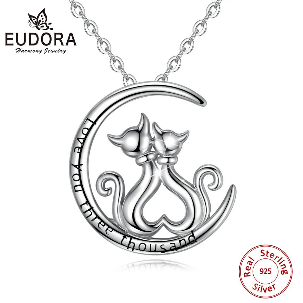 EUDORA Sterling Silver Cat and cat heart Pendant moon love Necklace with I love you three thousand Jewelry Friendship D473