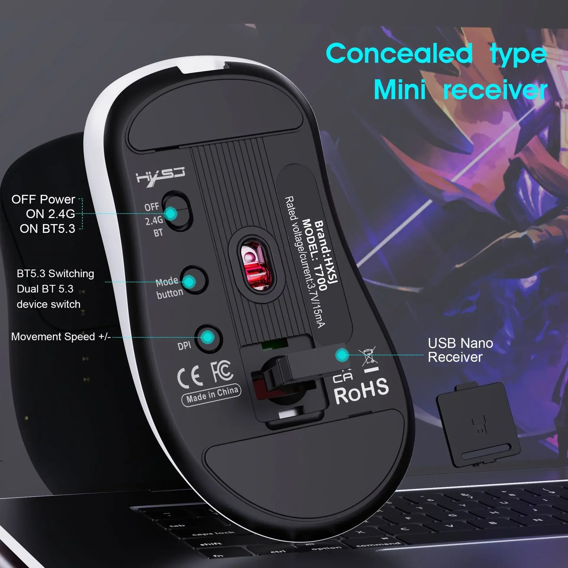 HXSJ T700 Triple-Mode Gaming Mouse - Wired/2.4G Wireless/BT5.3 - 10000DPI Light weight