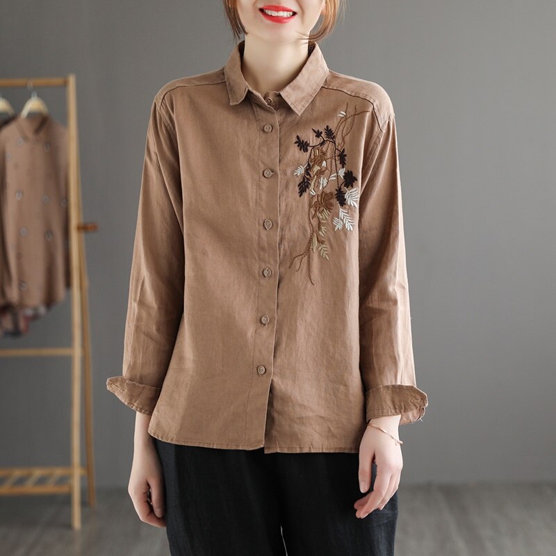 Ropa de estilo chino para mujer, blusa con bordado Floral, camisa de manga larga Lisa Vintage para mujer, Blusas de algodón, Túnica KK4413: 1 / L